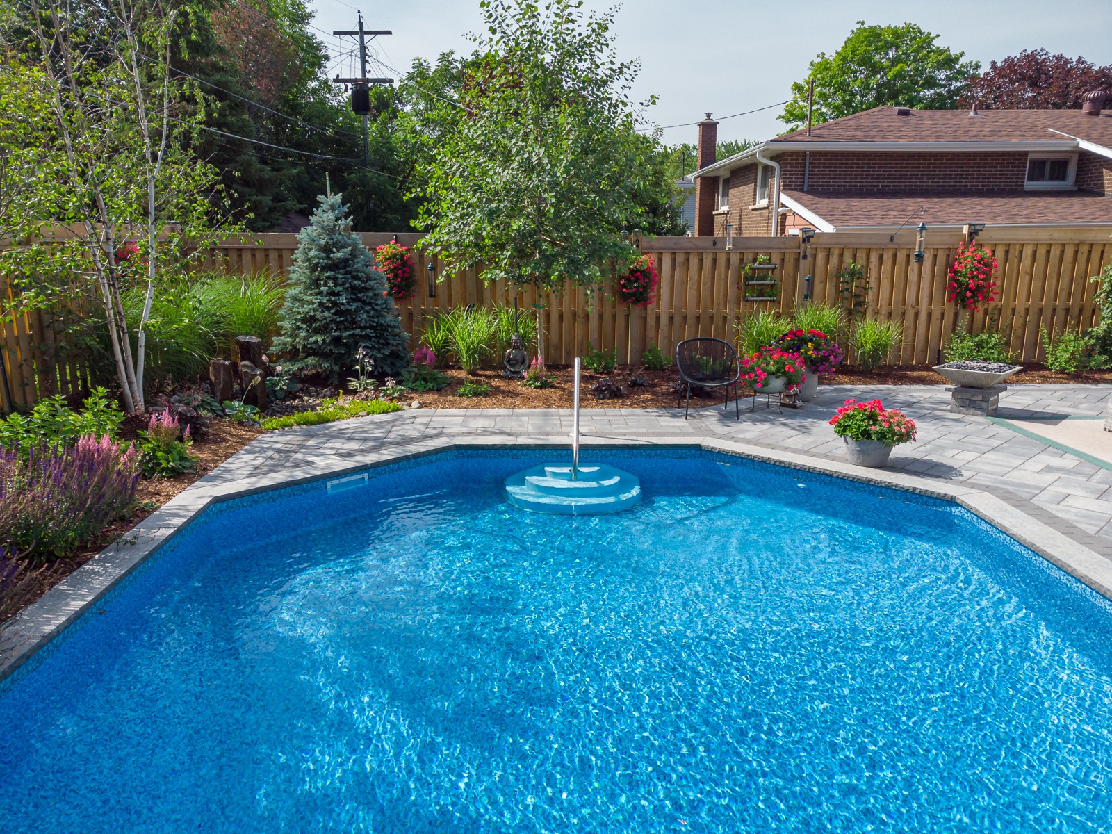 Backyard swimming pool with landscaped garden and patio