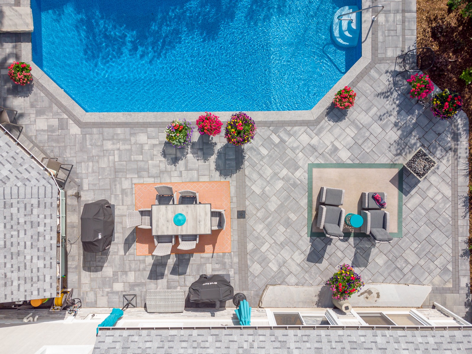 Aerial view of backyard patio and pool
