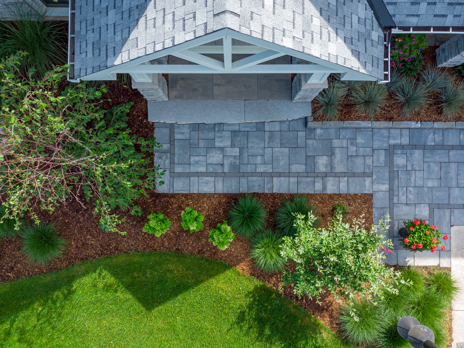 Aerial view of landscaped front yard and walkway
