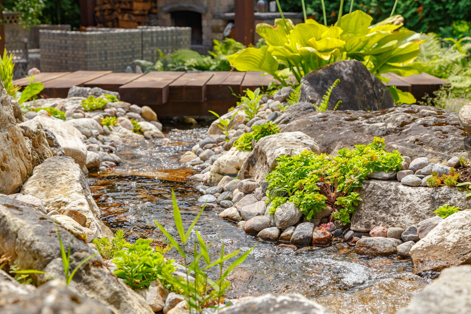 Backyard garden stream with rocks and wooden bridge