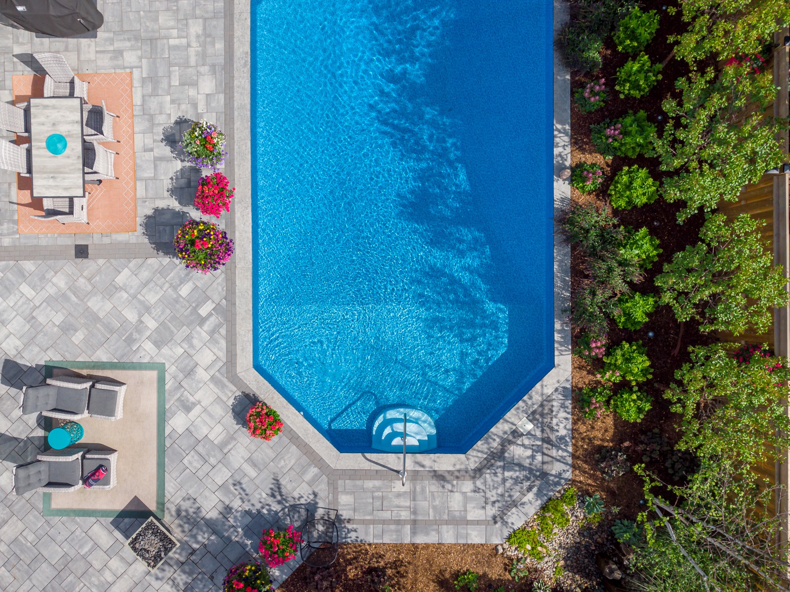 Aerial view of backyard pool and patio