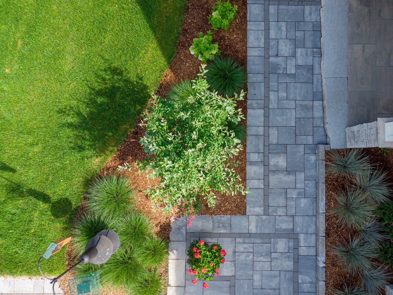Aerial view of landscaped yard with paver walkway