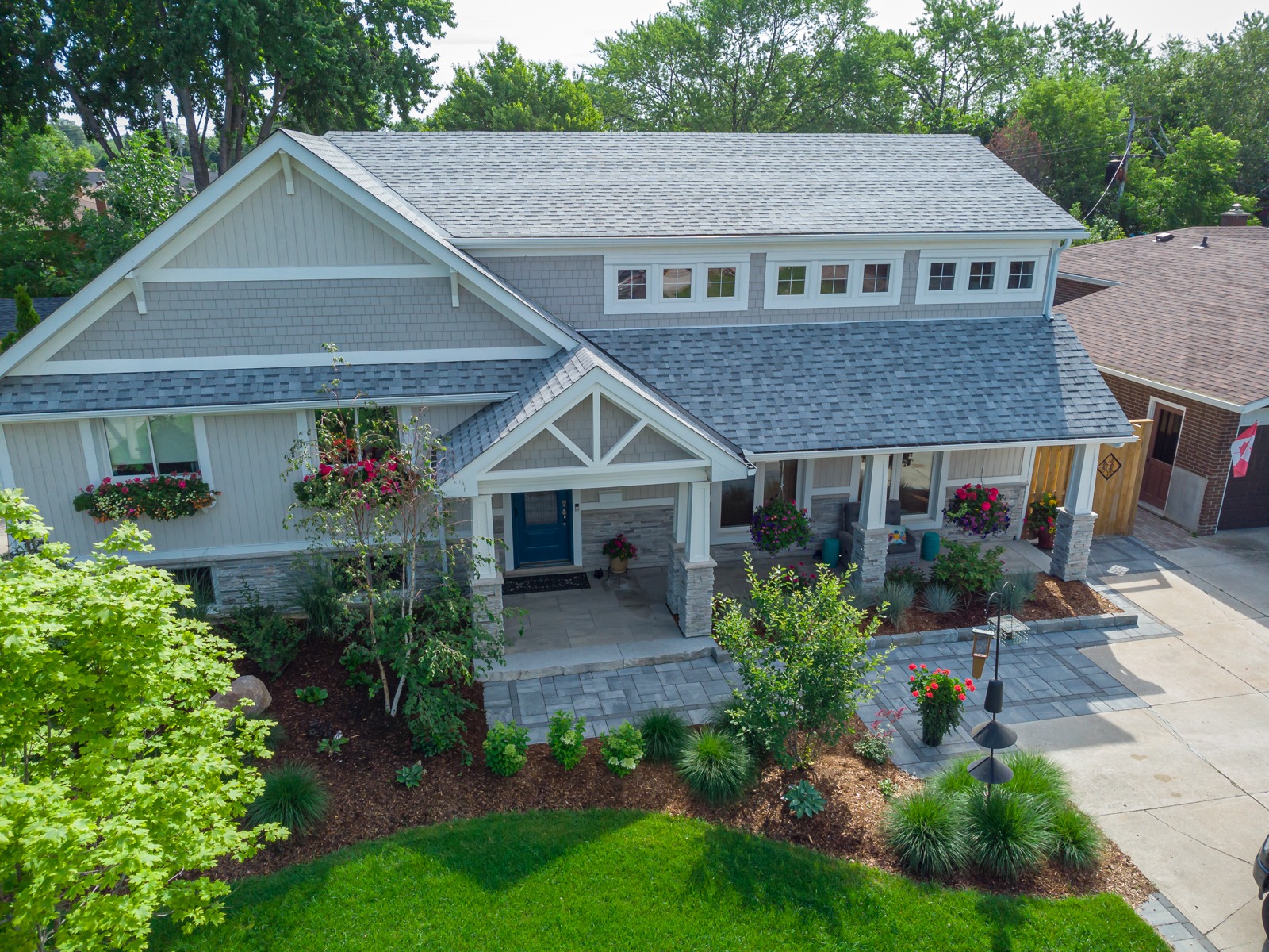 Modern suburban home with landscaped front yard
