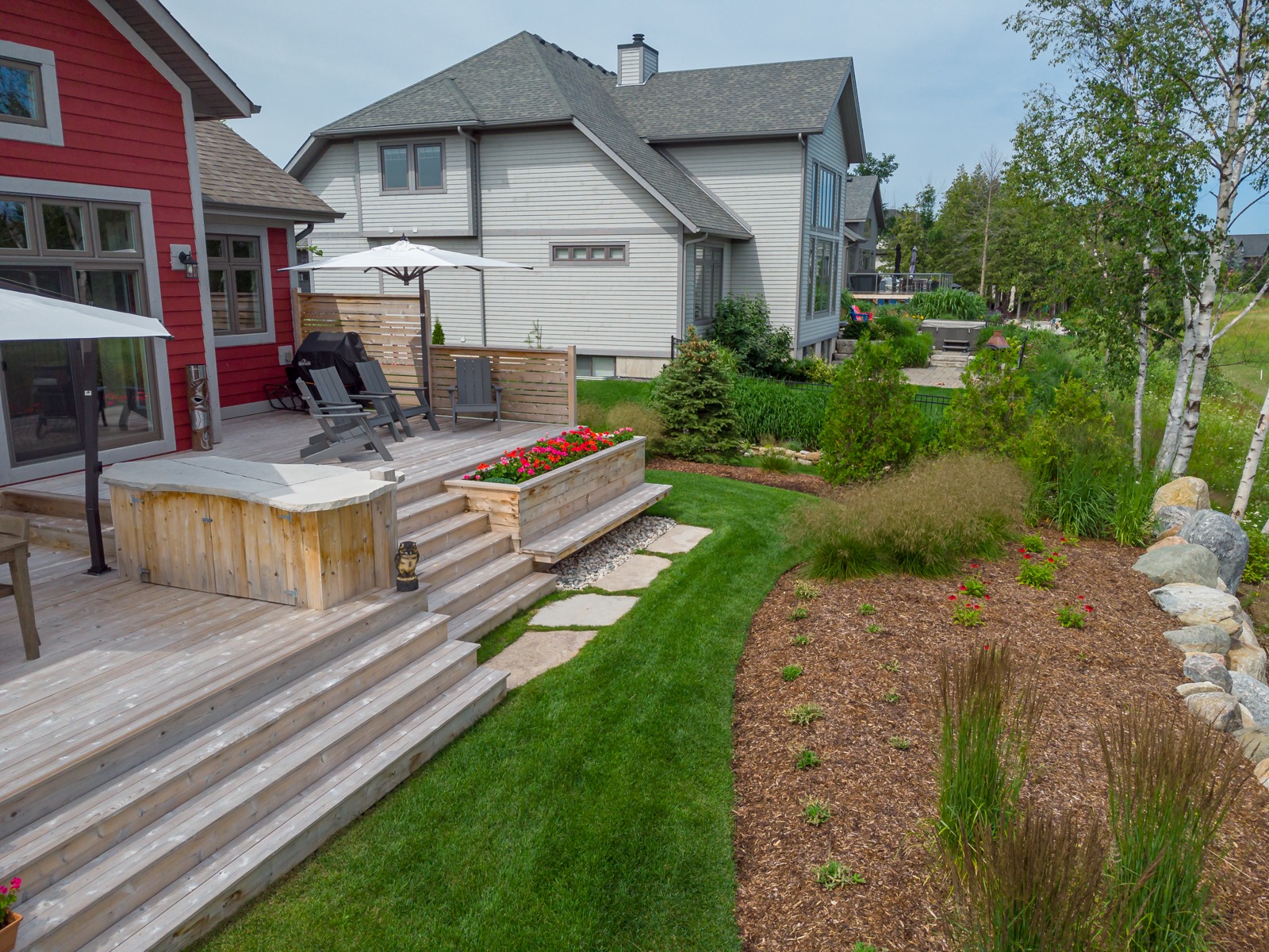 Landscaped backyard with wooden deck and garden beds