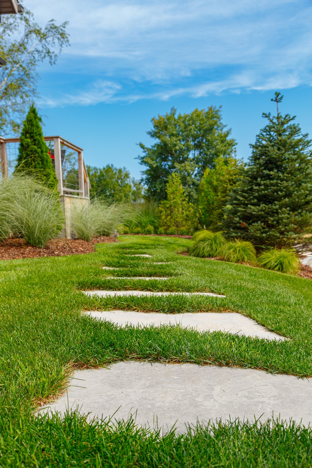 Stepping stone path through lush landscaped garden