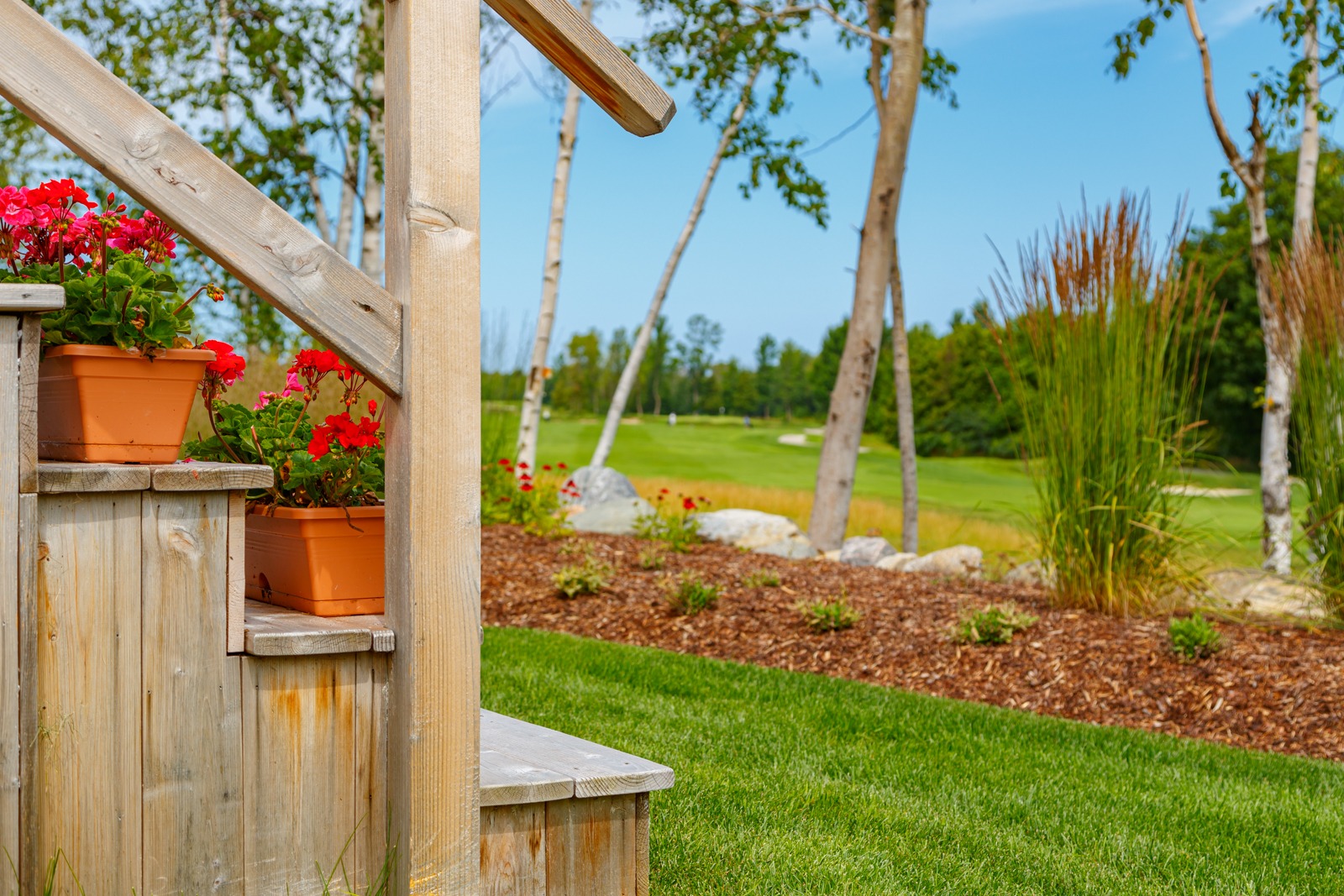 Wooden deck stairs with red flowers overlooking golf course
