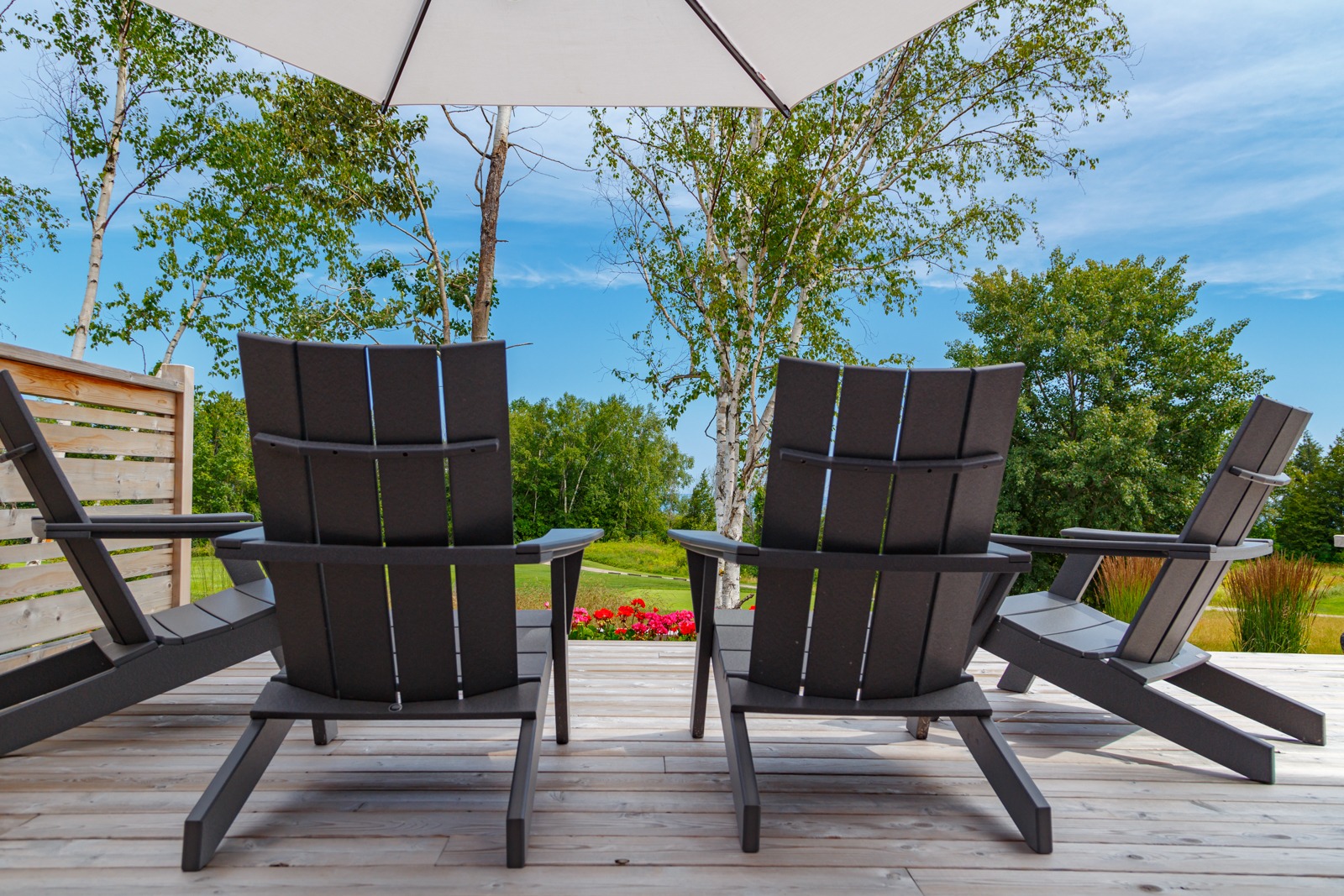 Adirondack chairs on deck overlooking green landscape