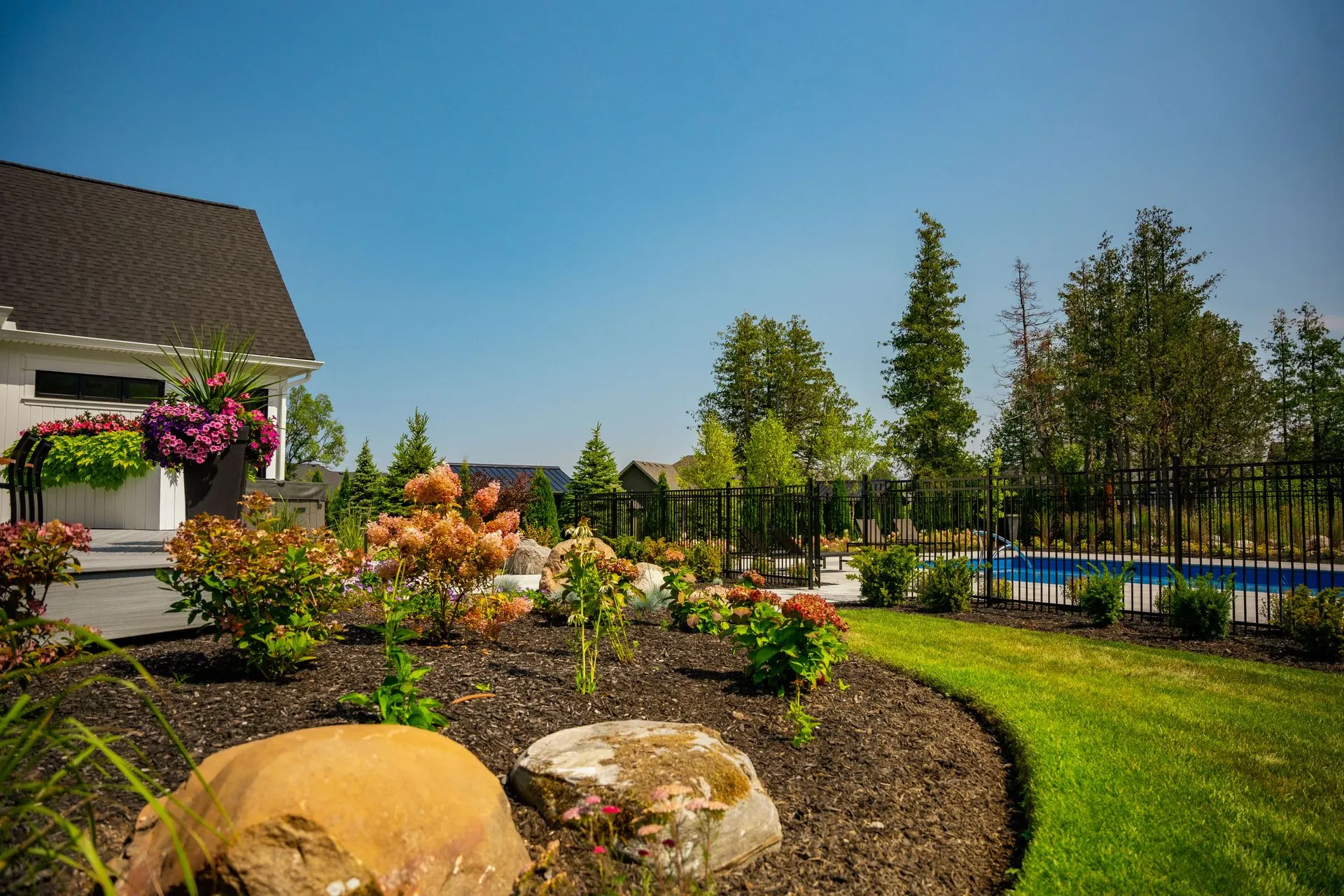 Landscaped backyard garden with pool and patio