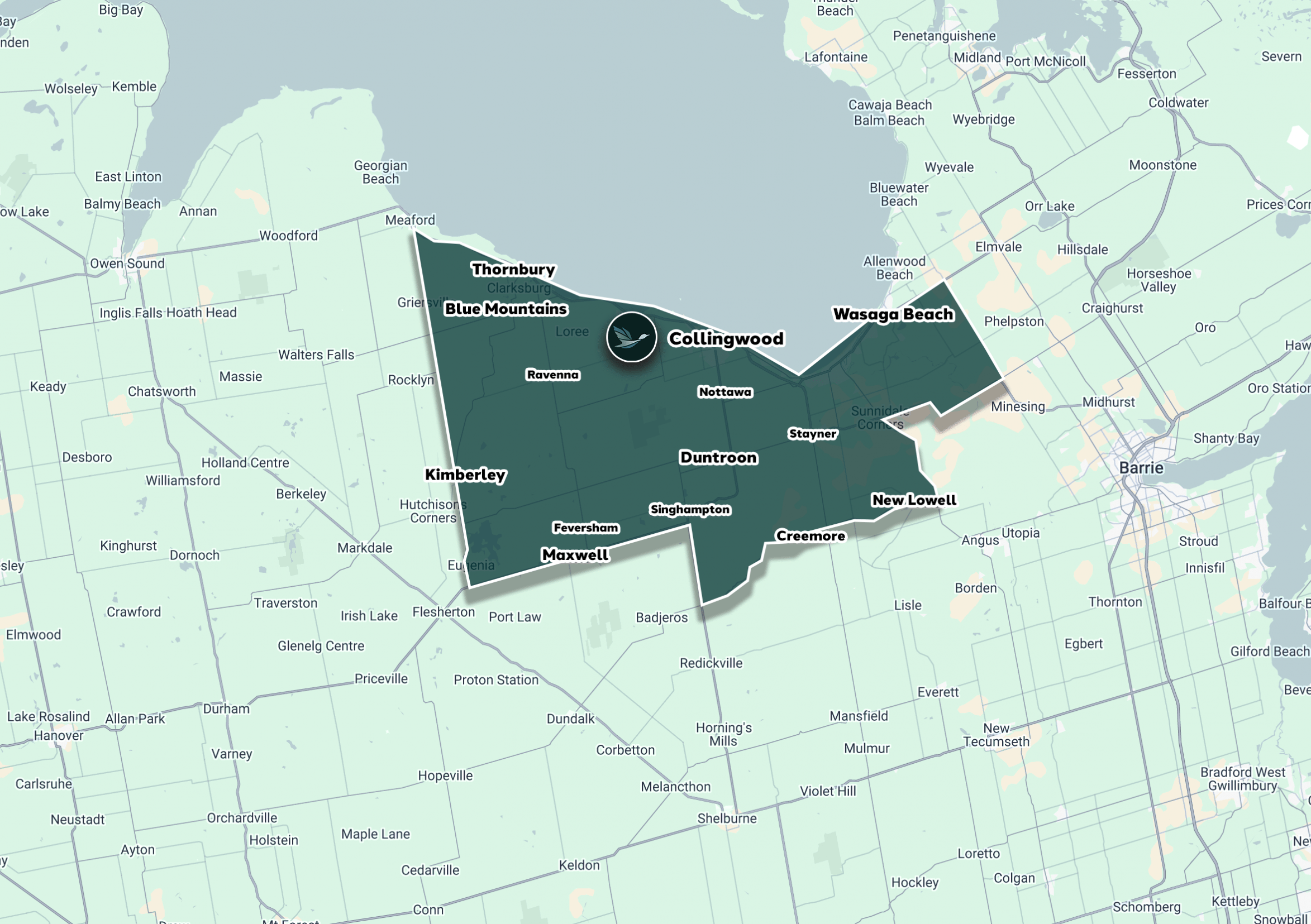 Map highlighting Blue Mountains and Collingwood Ontario area