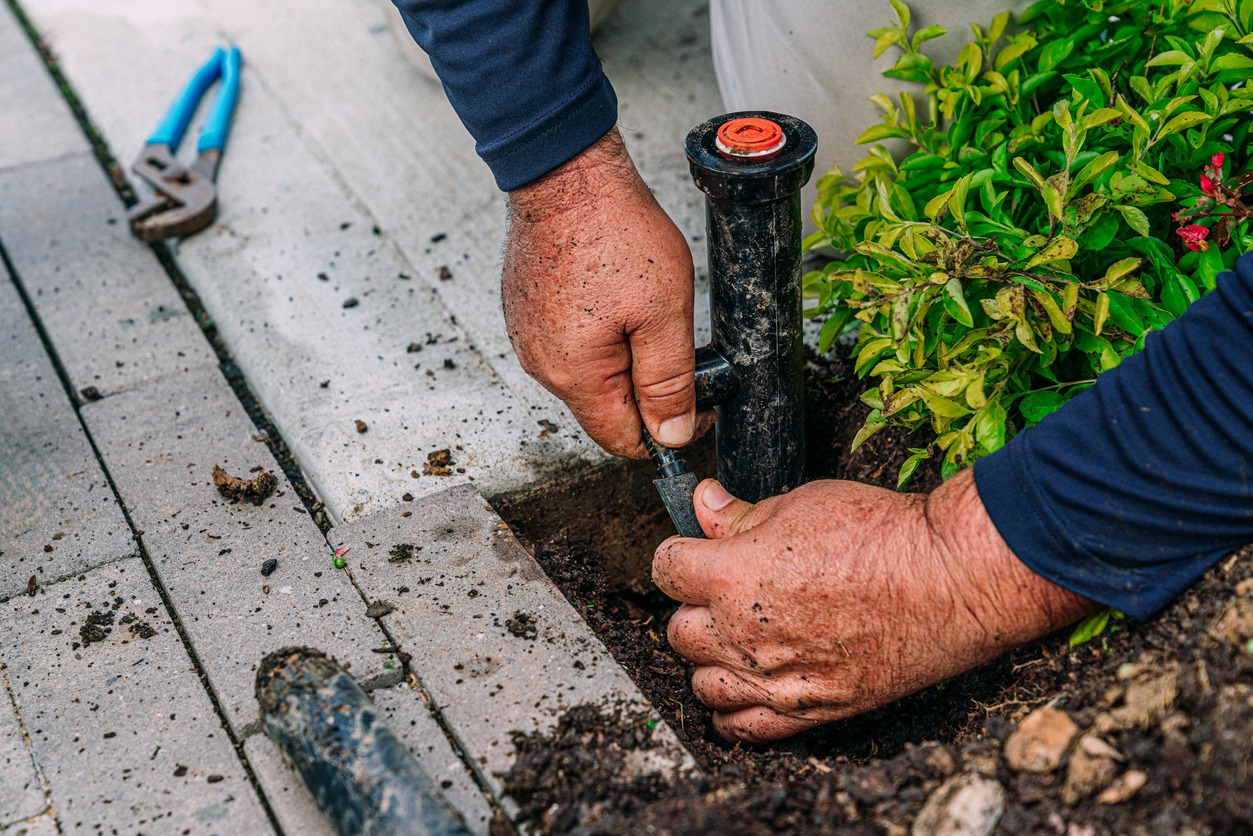 Repairing sprinkler head beside garden walkway