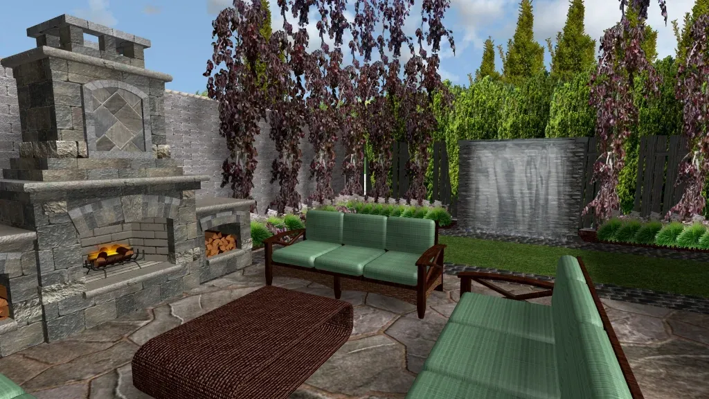 Outdoor patio with stone fireplace and seating