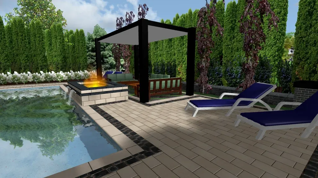 Modern backyard pool with pergola and lounge chairs
