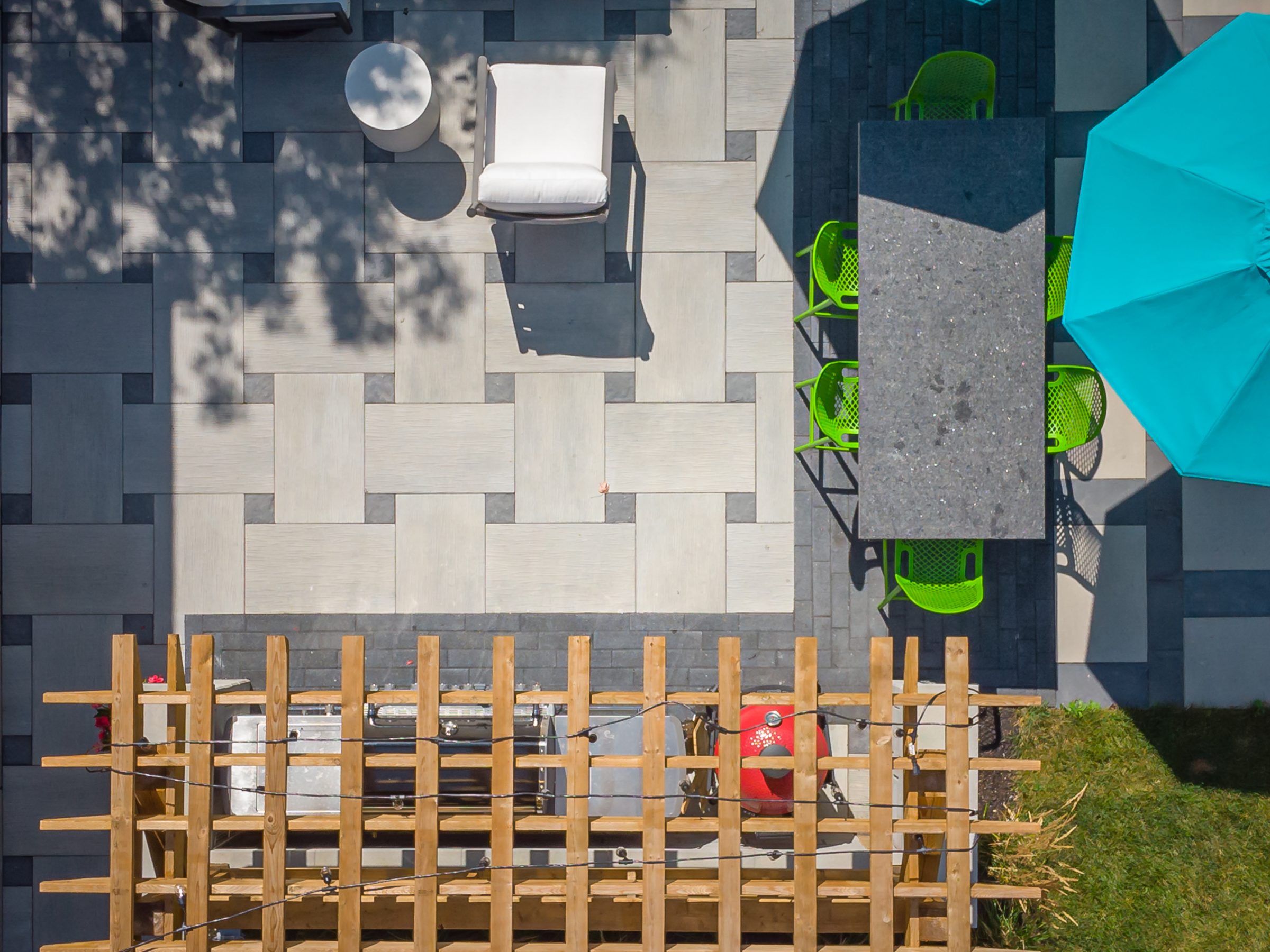Overhead view of modern patio with outdoor furniture