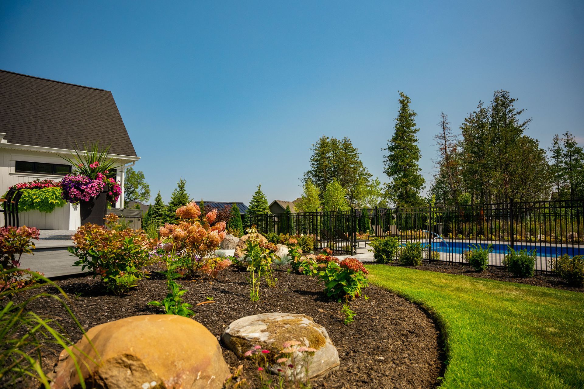 Landscaped backyard with pool and flower garden