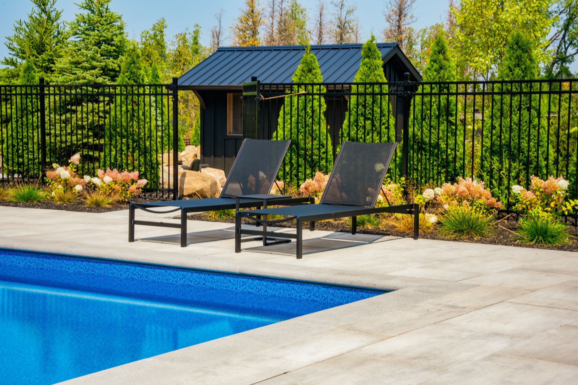Modern poolside lounge chairs with landscaped backyard